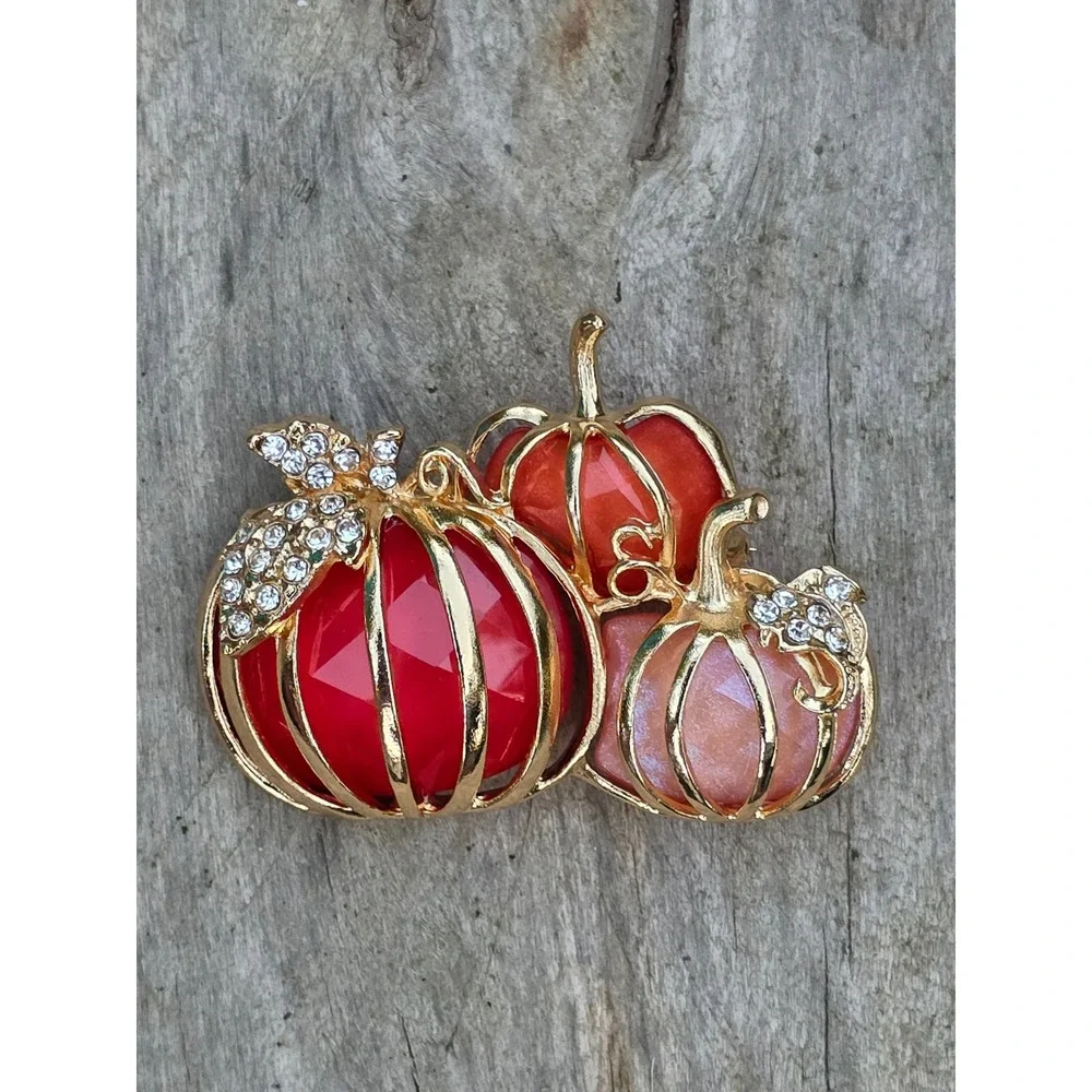 Gold Tone Red Orange Peach Resin Pumpkin Trio Brooch Rhinestone Fall Harvest Pin